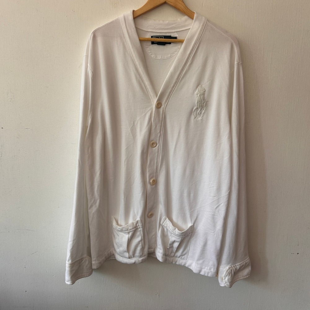 Polo Ralph Lauren Cardigan Mens XXL White Big Pony Pique Cotton Preppy VTG Rare
